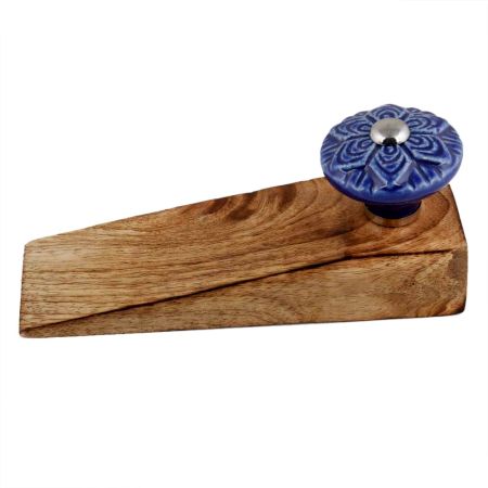 Navy Blue Wheel Flower Ceramic Wooden Door Stopper
